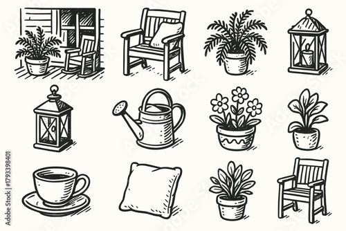 Garden watering cushion tea can vector porch pot icon flower setup cup