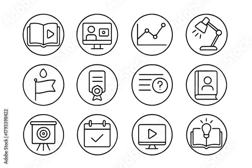 Upskilling Line Icons. Line style round icons of upskilling and learning: course icon, webinar screen, skill tracker, study lamp;