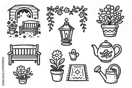 Garden porch rug garland flowers tea icon lantern vector watering bench vine