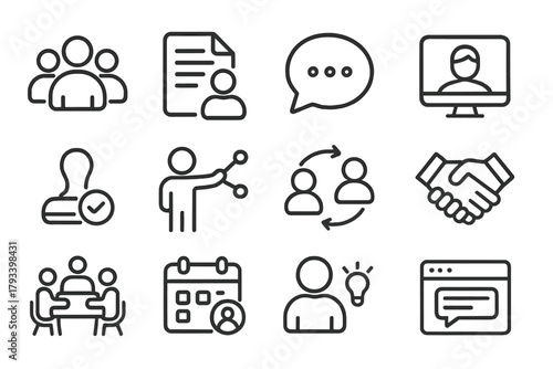 Teamwork Line Icons. Line style round icons of team collaboration: group icon, shared doc, comment bubble, video call; approval