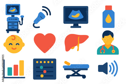 Ultrasound Icon Set. Flat vector icons of Ultrasound Imaging: Ultrasound Machine, Probe, Monitor, Gel Bottle, Baby Icon, Heart