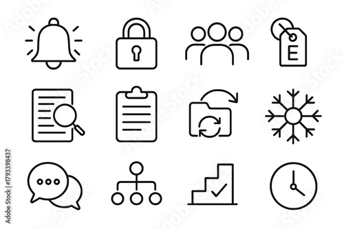 Cyber Incident Icons. Line style round icons of cyber incident response: alert bell, lockdown icon, response team, evidence tag;