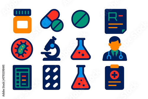 Modern Antibiotic Icons. Flat vector icons of antibiotics: pill bottle, capsule, tablet, prescription pad, bacteria icon,