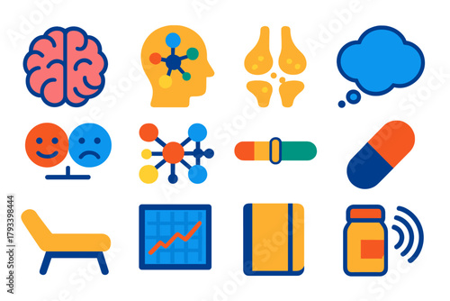Psychiatric Icon Set. Flat vector icons of Psychiatric Concepts: Brain, Mind Map, Synapse, Thought Bubble, Emotion Icon, Neural