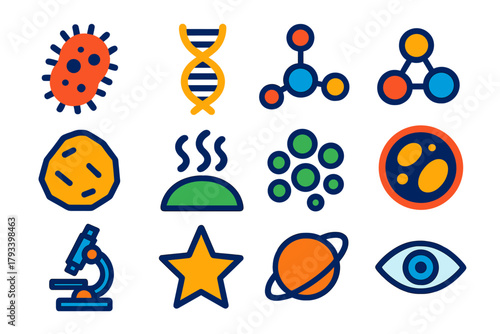 Colorful Biosignature Icons. Flat vector icons of Biosignatures: Microbe Icon, DNA Strand, Chemical Compound, Water Molecule, Rock