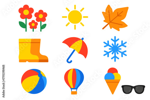 Seasonal Weather Icons. Flat vector icons of Seasonal Weather: Spring Flowers, Summer Sun, Autumn Leaf, Winter Snowman, Rain Boots