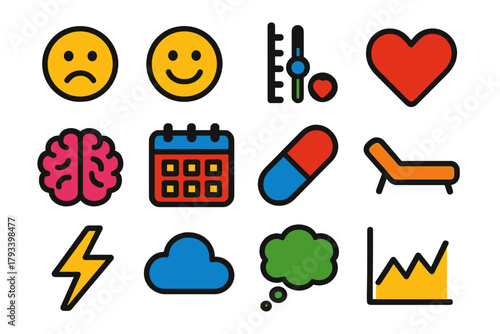 Mood Disorder Icons. Flat vector icons of Mood Disorders: Sad Face, Happy Face, Mood Tracker, Heart, Brain, Calendar, Pill,