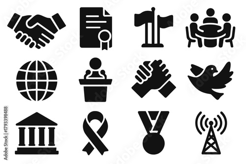 International Alliance Icons. Solid style icons of international alliances: handshake, treaty document, flag cluster, summit table