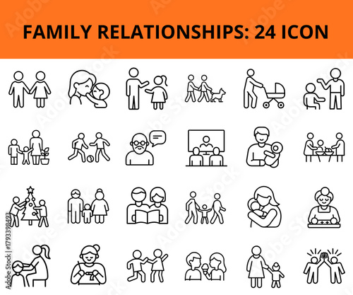 Family relationships icon set with 24 symbols depicting interactions  