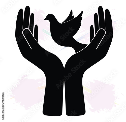 Hands releasing a dove symbolizing peace hope and freedom against a watercolor background