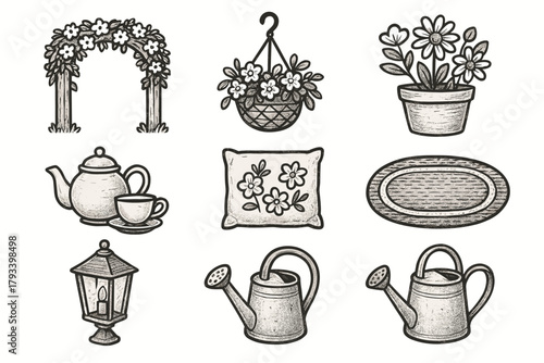 Floral icons flower pot porch vector set garden icon hanging lamp can