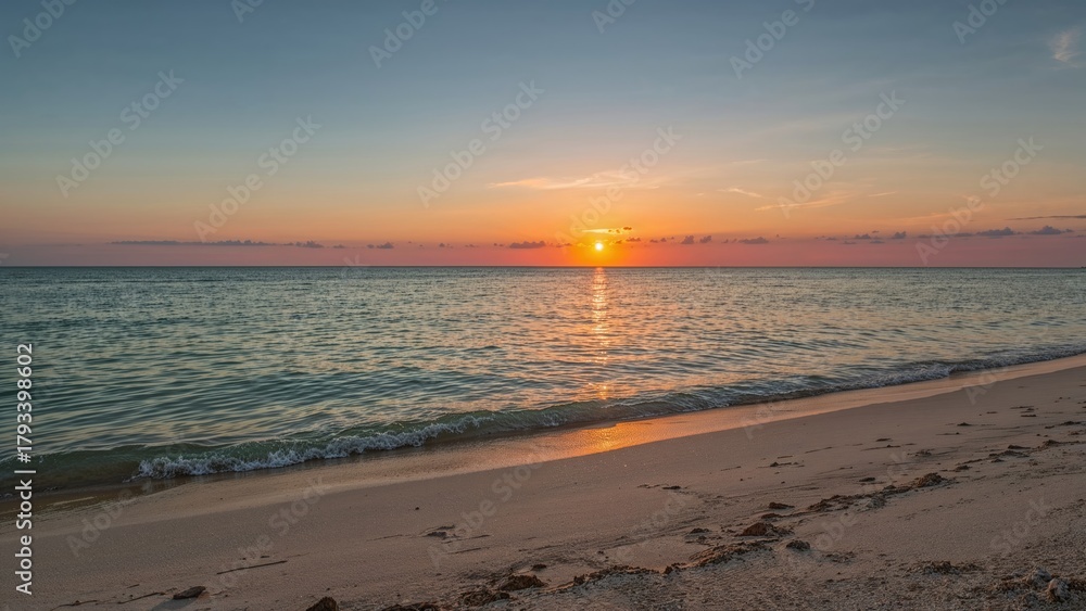 Obraz premium A peaceful sunset over the ocean with a sandy beach in the foreground.