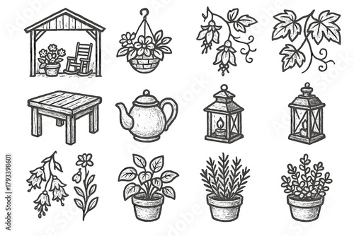 Vector porch vine icon potted icons garden floral herbs table flowers lantern