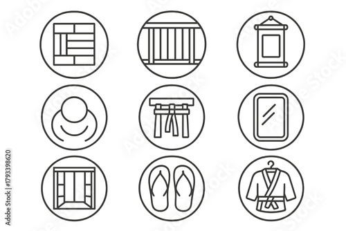 Dojo Elements Icons. Line style round icons of dojo elements: tatami mat, wooden wall, scroll, training dummy; bowing line, belt