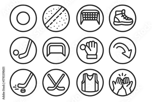 Street Hockey Icons. Line style round icons of street hockey: ball, pavement, net, sneakers; stick, goalpost, glove save, corner