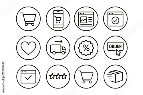 Online Shopping Icons. Line style round icons of online shopping: shopping cart, mobile app, product thumbnail, checkout screen;