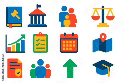 Population Policies Icons. Flat vector icons of Population Policies: Law Book, Government Building, Family Icon, Scale, Chart,