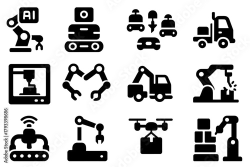 Futuristic Robotics Icons. Solid style icons of futuristic industrial robotics: AI-controlled arm, modular robot, swarm robots, 3D