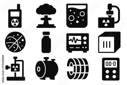 Nuclear Experiment Icons. Solid style icons of nuclear experiments: detector, cloud chamber, bubble chamber, scintillation counter