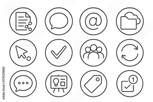 Digital Collaboration Icons. Line style round icons of digital collaboration: shared doc, comment icon, @mention tag, cloud folder