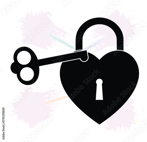 Heart shaped padlock with key unlocking it on a background with brushstrokes