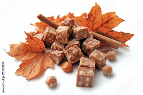 Caramel candy cubes with nuts placed over autumn maple leaves and cinnamon sticks, isolated on white.