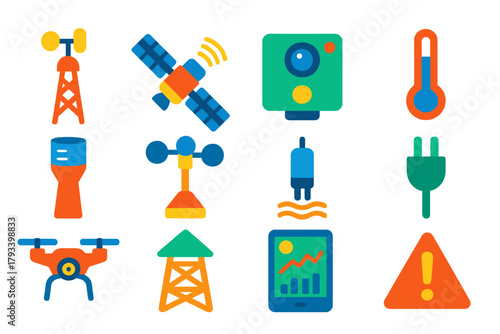 Ecological Monitoring Icons. Flat vector icons of ecological monitoring: weather station, satellite, camera trap, thermometer,