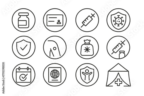 Vaccination Icon Set. Line style round icons of vaccination and prevention: vaccine vial, immunization card, syringe icon, virus