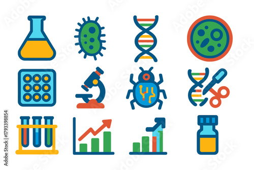 Synthetic Biology Icons. Flat vector icons of synthetic organisms: lab flask, microorganism, DNA strand, petri dish, cell culture,