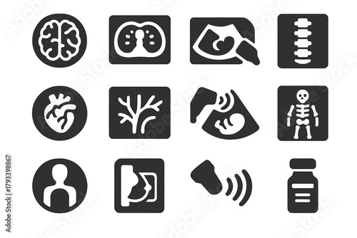 Diagnostic Scan Icons. Solid style icons of diagnostic scans: brain MRI, chest CT, abdominal ultrasound, spinal X-ray, cardiac MRI