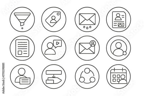 B2B Marketing Icons. Line style round icons of B2B marketing: sales funnel, lead gen tag, email drip, case study icon; whitepaper
