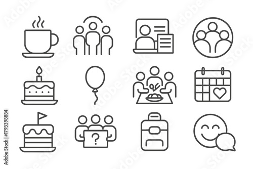 Workplace Ritual Icons. Line style round icons of workplace rituals: morning coffee, daily standup, Friday wrap-up, team huddle;