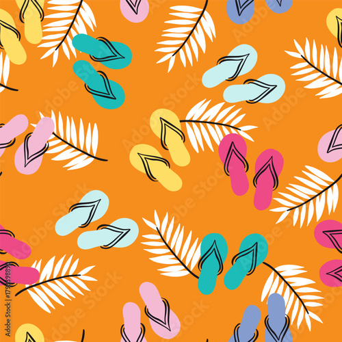 Summer Beach Flip Flops and Palm Leaves Vector Seamless Pattern