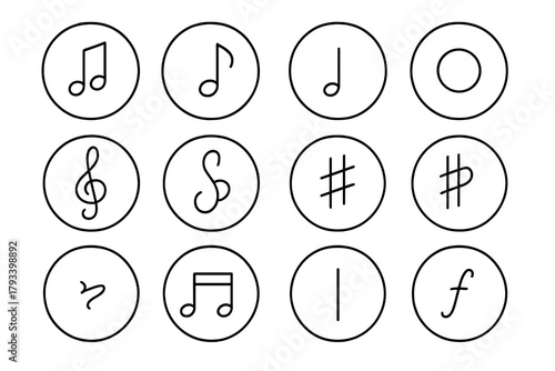 Musical Symbols Icons. Line style round icons of musical notes: quarter note, eighth note, half note, whole note; treble clef,