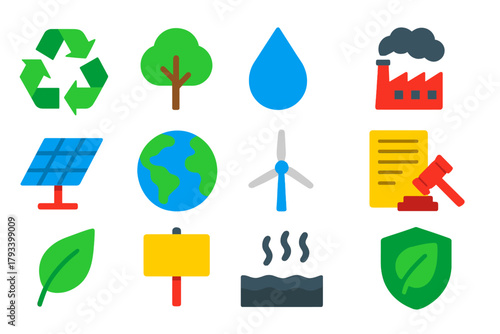 Environmental Law Icons. Flat vector icons of Environmental Law: Recycle Symbol, Tree, Water Drop, Factory with Emission, Solar