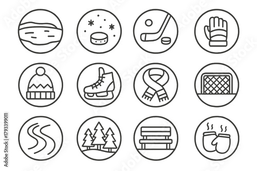 Outdoor Hockey Icons. Line style round icons of outdoor hockey: frozen lake, snow puck, stick, glove; hat, skates, scarf, goal;