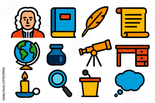 Enlightenment Icons Collection. Flat vector icons of Enlightenment Thinkers: Philosopher, Book, Quill, Scroll, Globe, Ink Bottle,