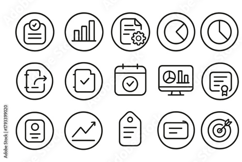 Project Reporting Icons. Line style round icons of project reporting: status report, bar chart, progress file, pie graph; update