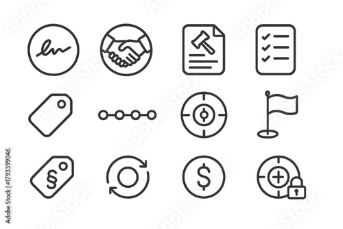 Contract Icons Design. Line style round icons of contract and scope: signature icon, agreement sheet, legal page, checklist icon;