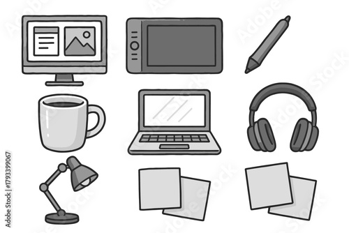 Workspace tablet drawing headphones lamp home vector digital icon notes office icons
