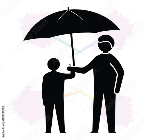 Illustration of an adult protecting a child with an umbrella in graphic style