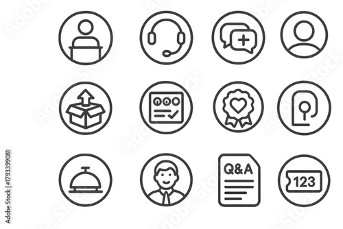 Customer Service Icons. Line style round icons of customer service: help desk, headset icon, support chat, info booth; return