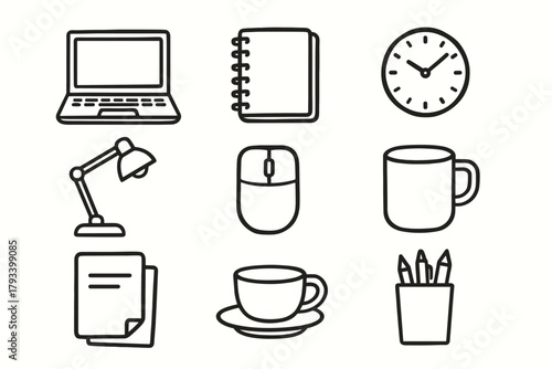 Case notebook pencil cup laptop minimal workstation vector mouse office clock icons