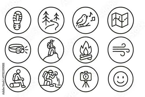 Solo Hiking Icons. Line style round icons of solo hiking: single boot print, quiet trail, bird song, open map; headlamp, lookout