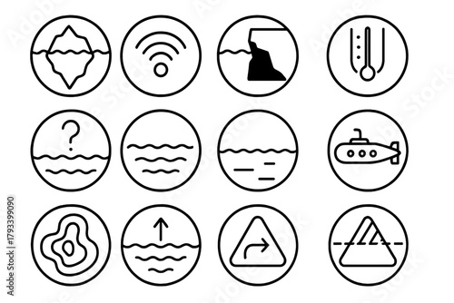 Underwater Exploration Symbols. Line style round icons of underwater mass: deep iceberg, sonar wave, shadow bulk, pressure line;