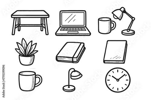 Icon workstation desk comfortable laptop clock icons plant vector notebook home lamp