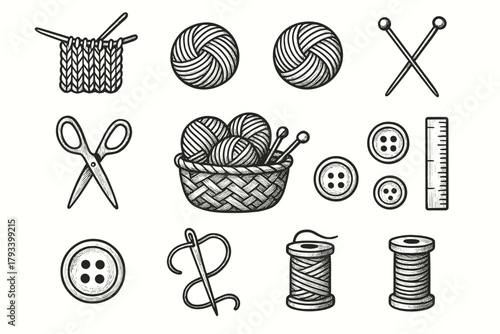 Spool knitting vector ruler materials icons needles icon basket crafting wool