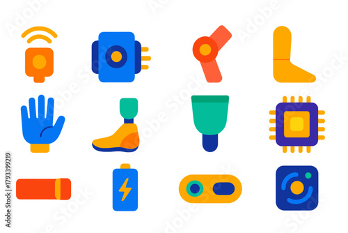 Advanced Prosthetic Icons. Flat vector icons of Advanced Prosthetic Features: Sensor, Motor, Joint, Finger, Hand, Foot, Socket,