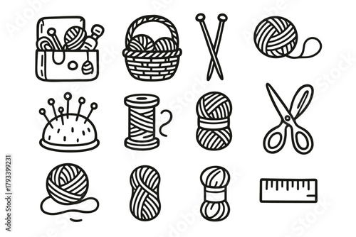 Set wool knitting kit basket ruler thread vector icon pincushion yarn scissors