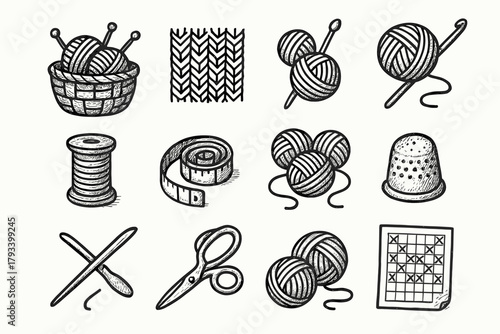 Yarn vector hook spool craft icon balls sheet measure icons tape knitting